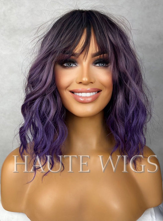 Ombre Lilac Purple Wavy Bob Wig with Bangs