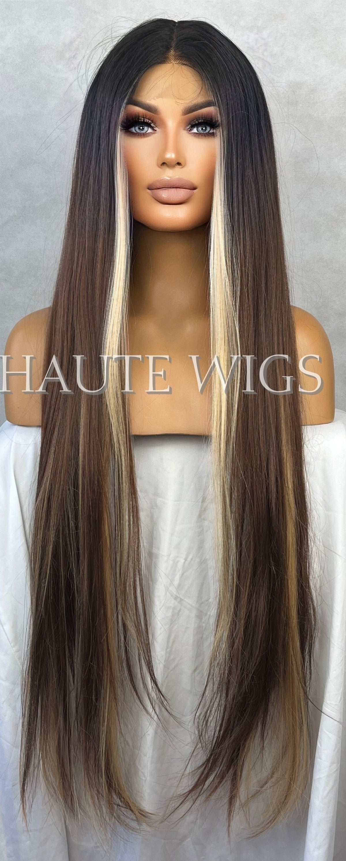 90s Brunette Wig: Long Brown Hair with Blonde Highlights