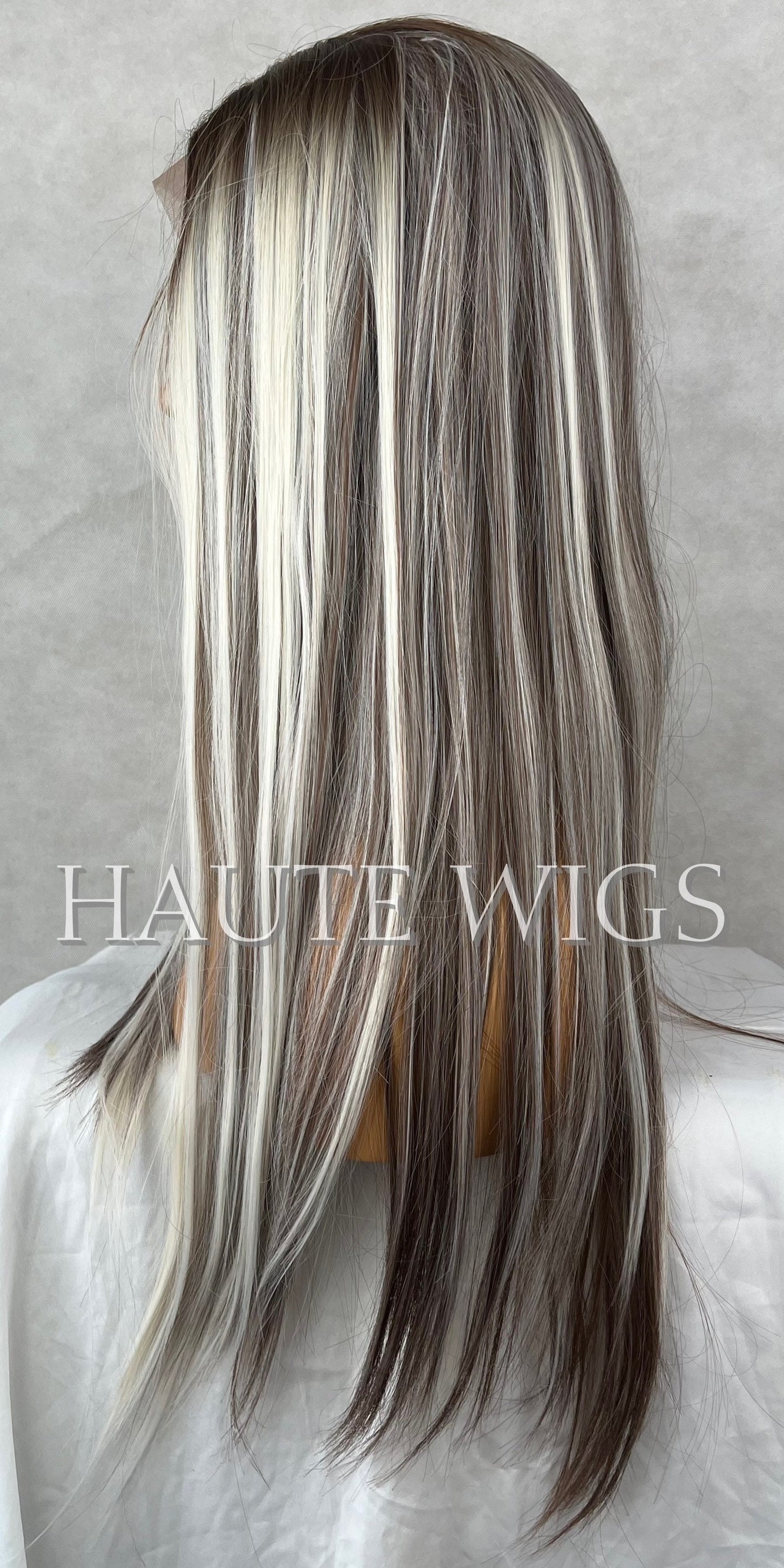 24 Inch Platinum Blonde Highlight Wig: Brown Lowlights Layered Lace Front