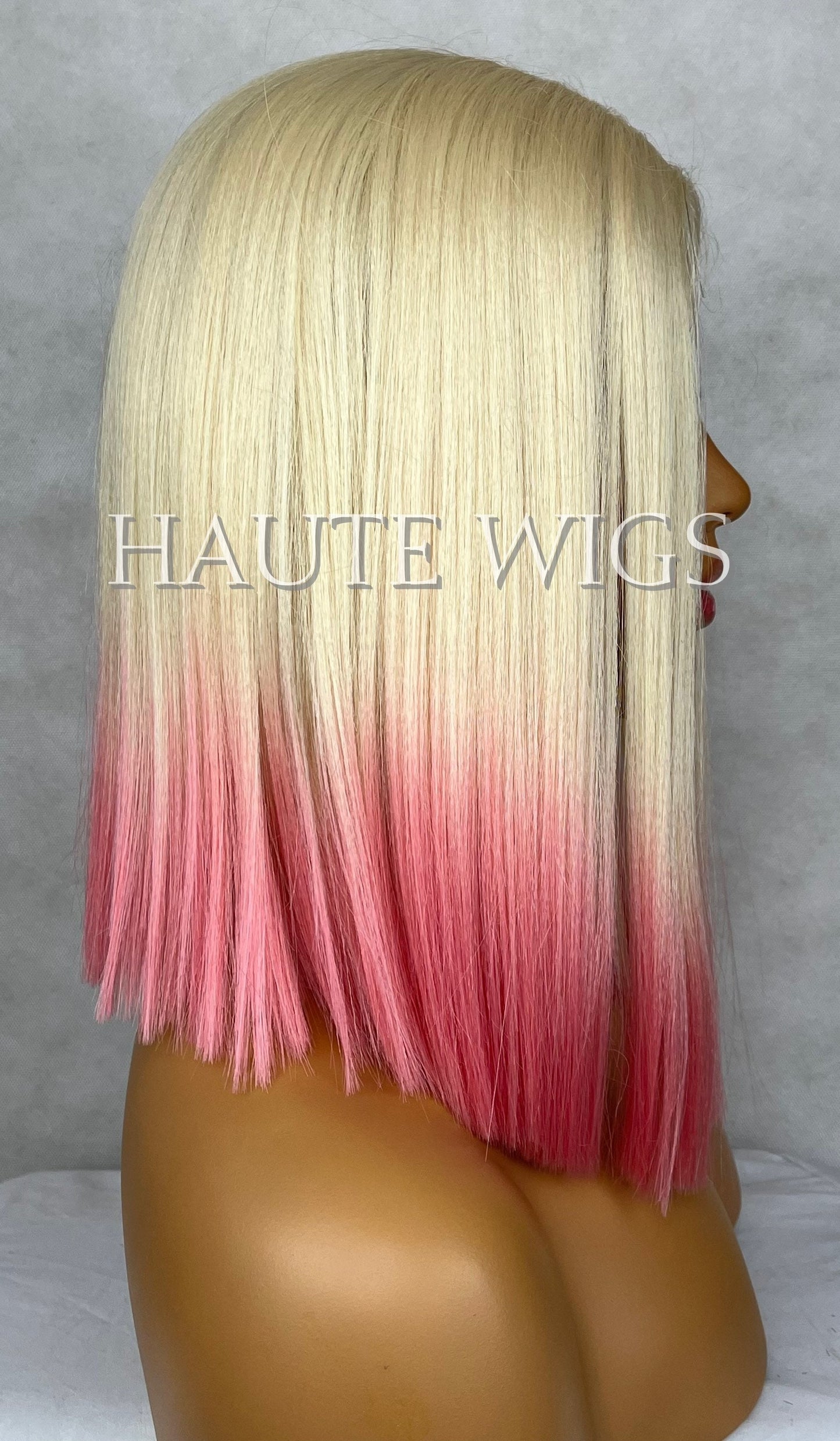 Ombré 613 Creamy Blonde Neon Pink Ends Dip Dye Wig Center Part Short Straight NO Lace Front Human Hair Blends Wig Ladies Gift for her