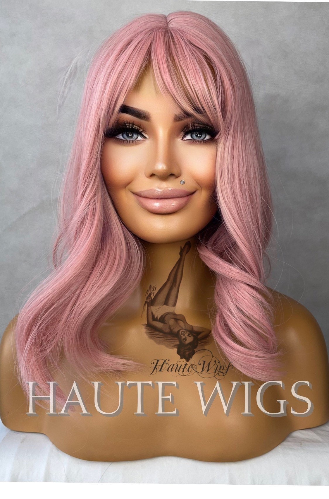 Bubble Gum Pink Wavy Bob Wig: Human Hair Blend Fringe