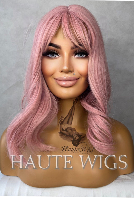 Bubble Gum Pink Wavy Bob Wig: Human Hair Blend Fringe