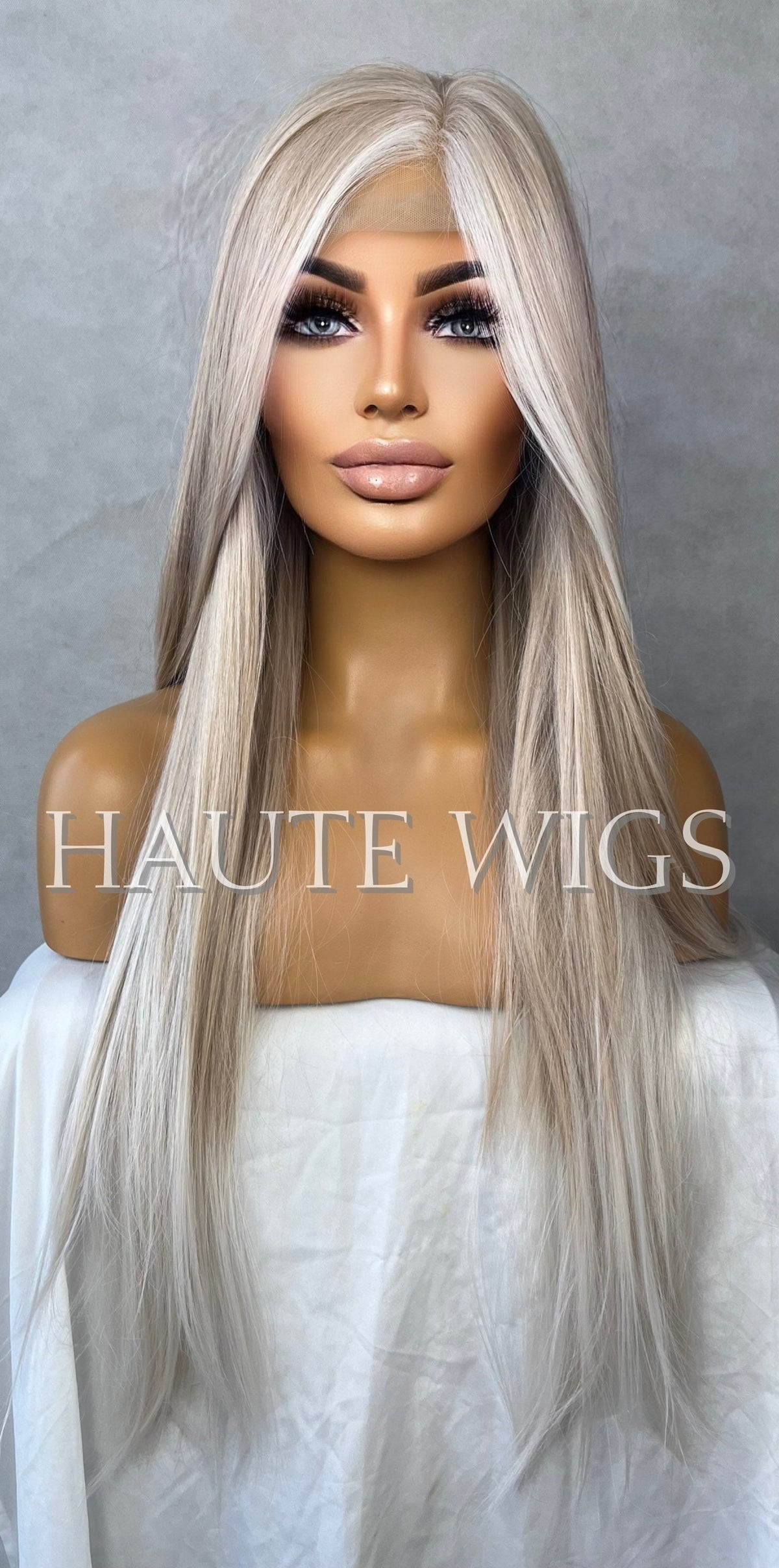Ash Blonde Balayage Wig: 28 Inch Straight Lace Front Wig human hair blend white girl wigs