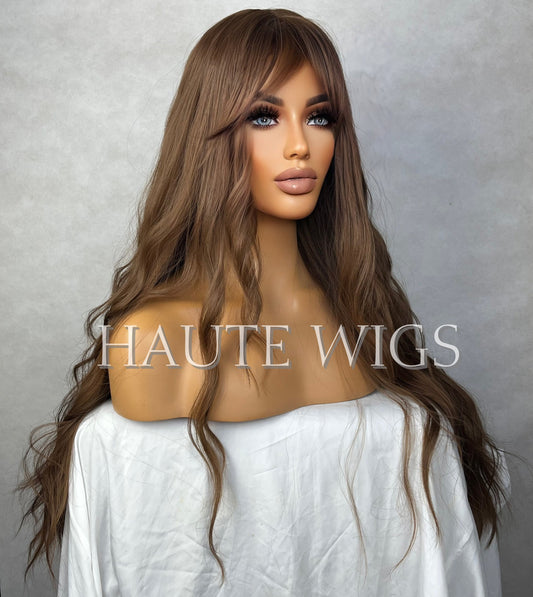 Swiss Brown Wig with Bangs: Long Layered Wavy Synthetic Wig