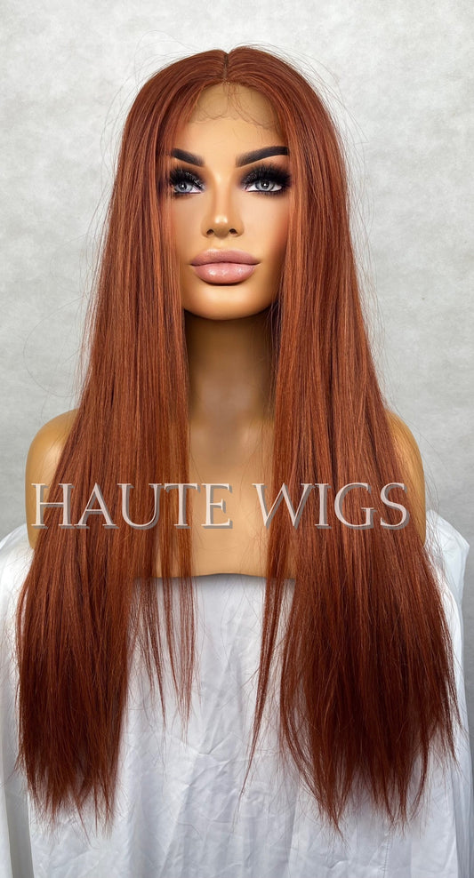 26" Auburn Lace Front Wig: Copper Ginger Brown Human Hair Blend