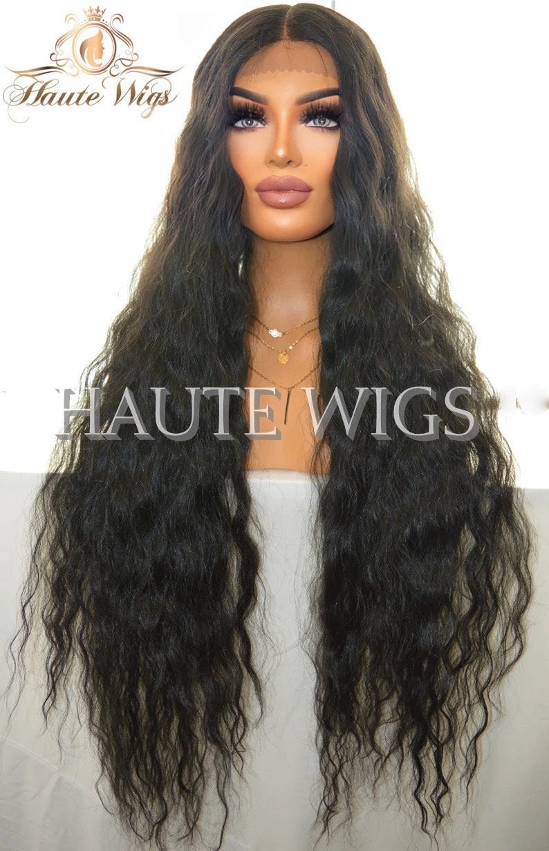Kim Blossom Wavy xxx Long 42 Inches Lace Front Wig Deep Black Stunning Human Hair Full