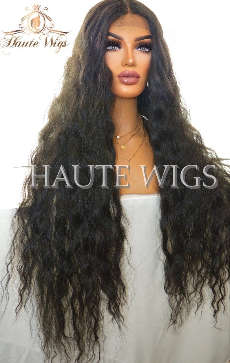 Kim Blossom Wavy xxx Long 42 Inches Lace Front Wig Deep Black Stunning Human Hair Full