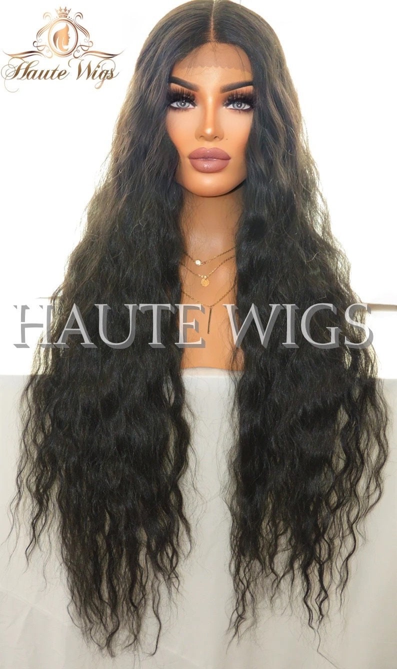 Kim Blossom Wavy xxx Long 42 Inches Lace Front Wig Deep Black Stunning Human Hair Full