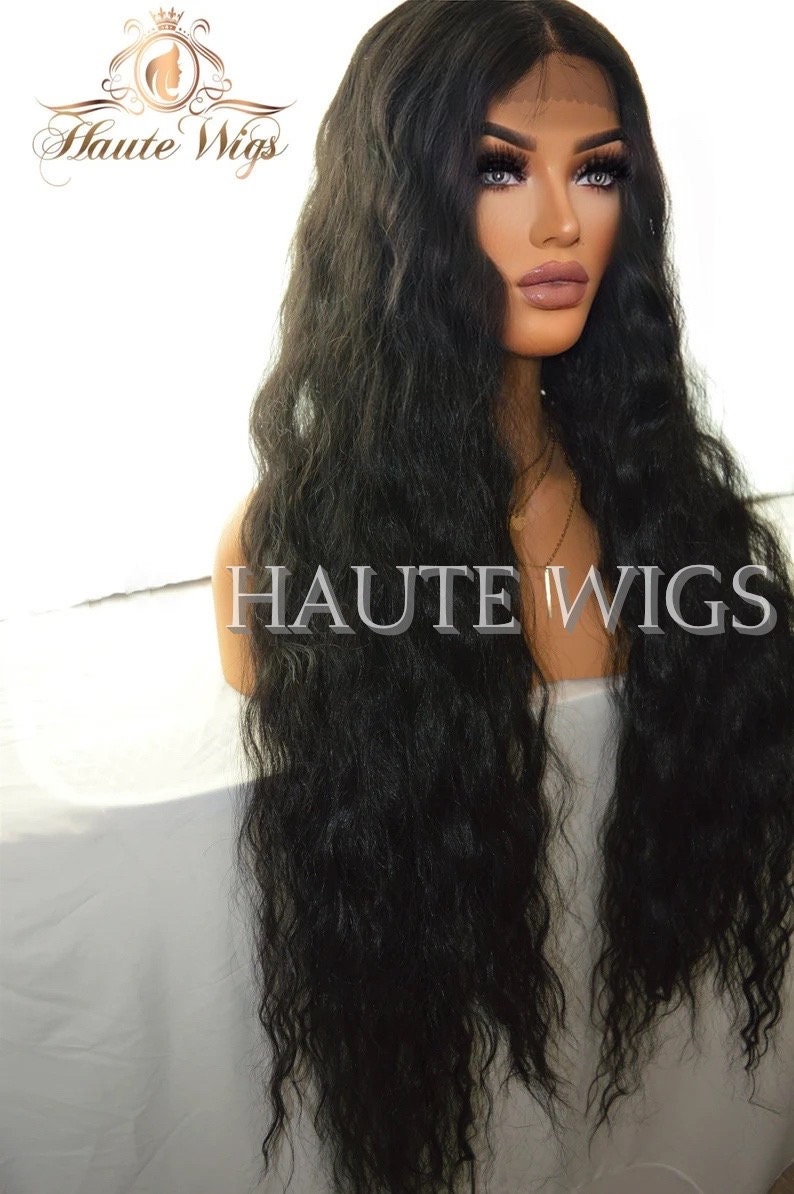 Kim Blossom Wavy xxx Long 42 Inches Lace Front Wig Deep Black Stunning Human Hair Full