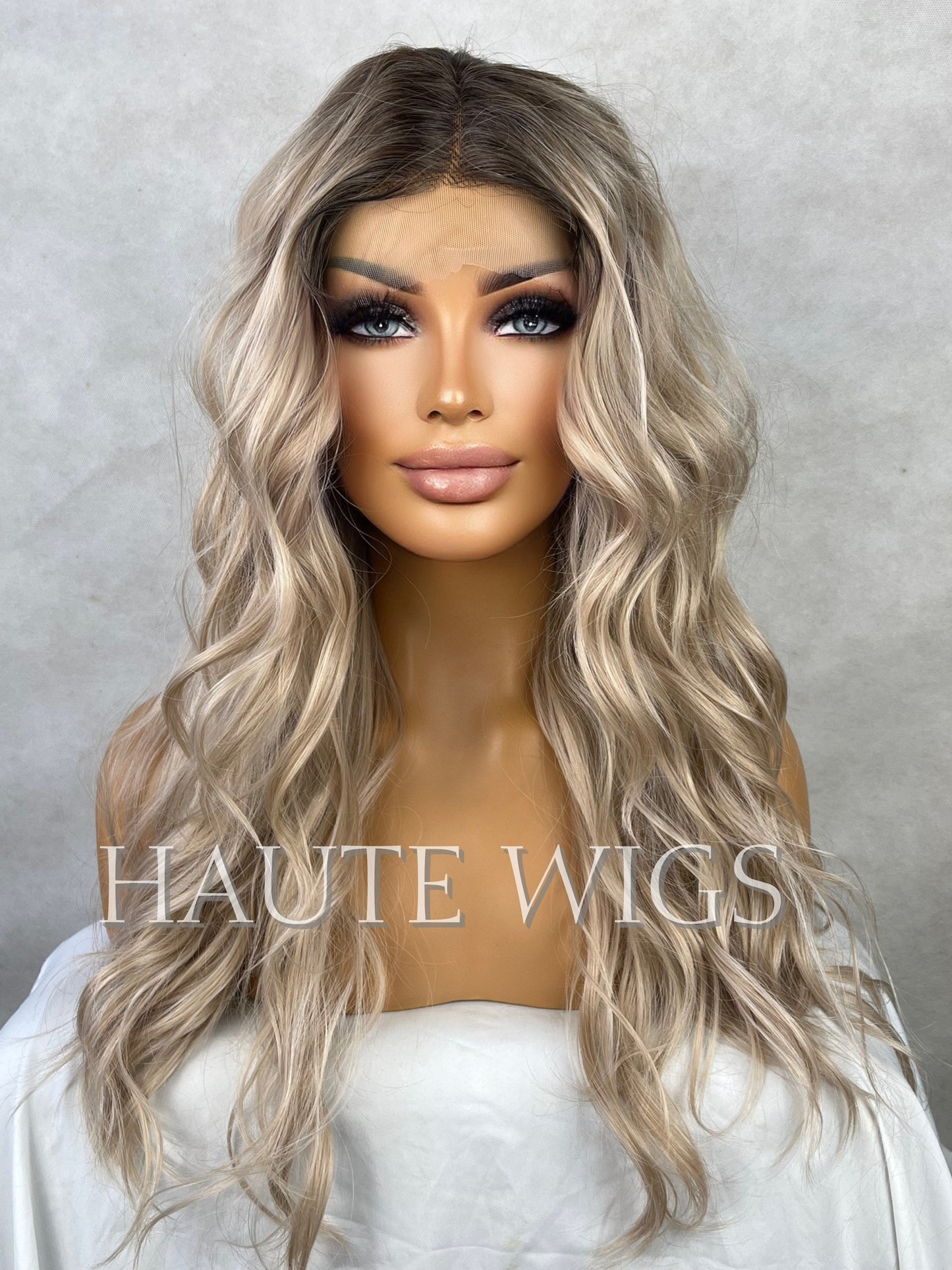 Riviera Ash Blonde Ombré Wig: 22 Inch Wavy Lace Front Wig