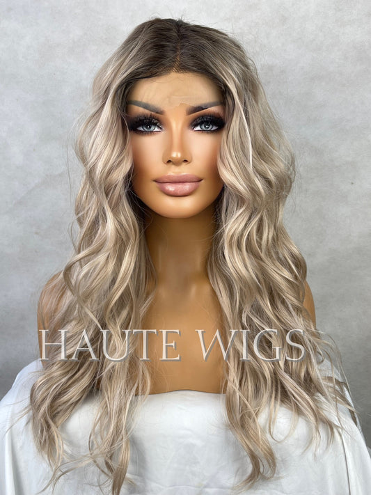 Riviera Ash Blonde Ombré Wig: 22 Inch Wavy Lace Front Wig