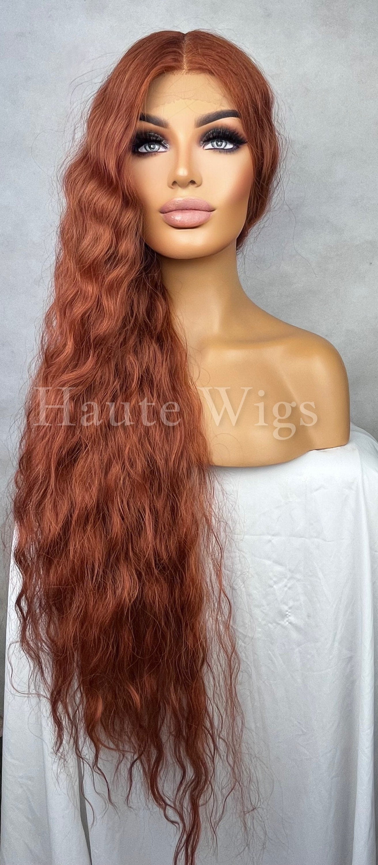 Auburn Copper Ginger Wavy XXX Long 42 Inches Lace Front Wig Human Hair Womens Wigs Gift For Her Realistic Center Parting Water waves