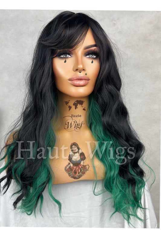 Envy - Black Wavy Wig with bright Green Highlights: Emo Goth Bangs role play or everyday wigs