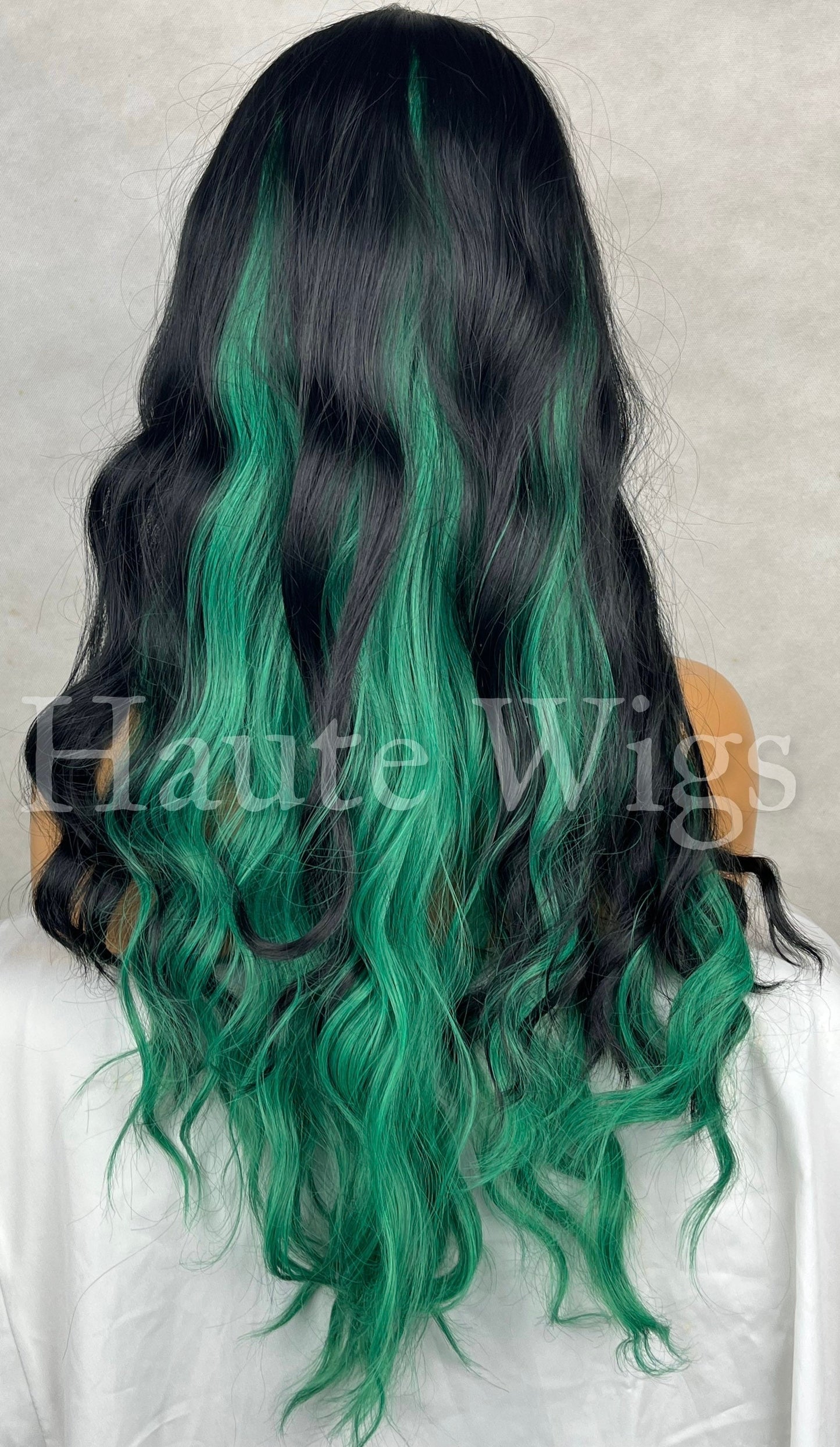 Envy - Black Wavy Wig with bright Green Highlights: Emo Goth Bangs role play or everyday wigs