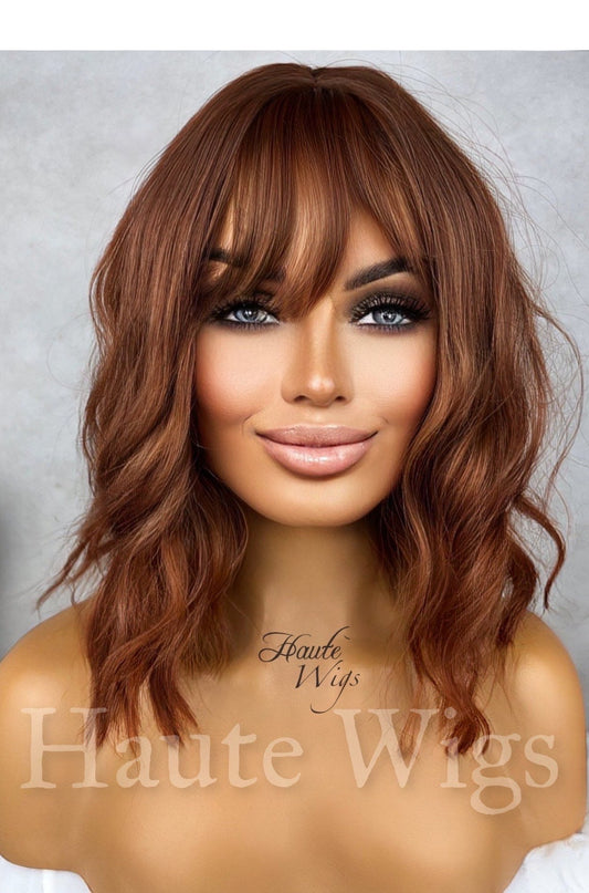 Rusty Copper Wavy Wig with Bangs: 14 Inch Synthetic Hair