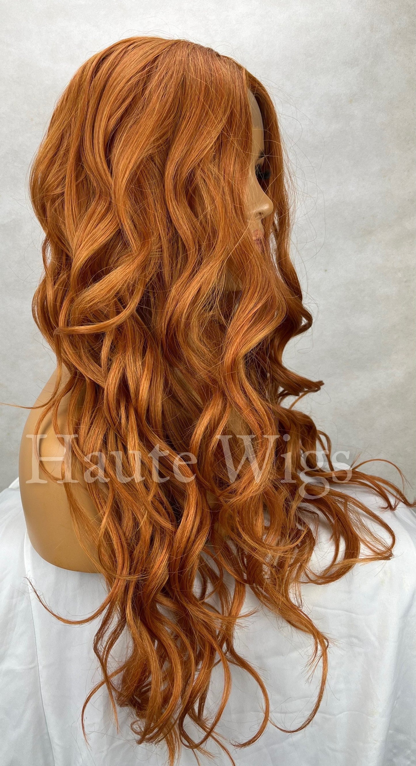 26" Copper Auburn Wig: Lace Front Human Hair Blend