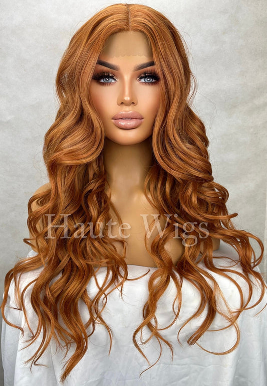 26" Copper Auburn Wig: Lace Front Human Hair Blend
