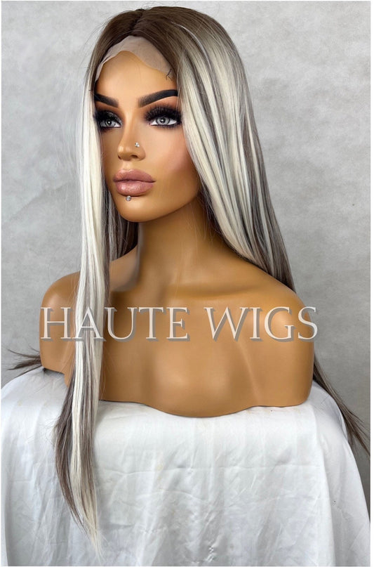 24 Inch Platinum Blonde Highlight Wig: Brown Lowlights Layered Lace Front
