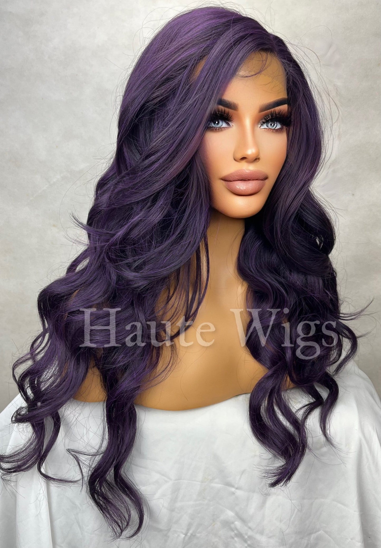 Distinctive - Dark Purple Deep Violet Wig Long Wavy T parting HD Lace Front Human Hair Blends Wig Gift for her Ladies Womens Wigs