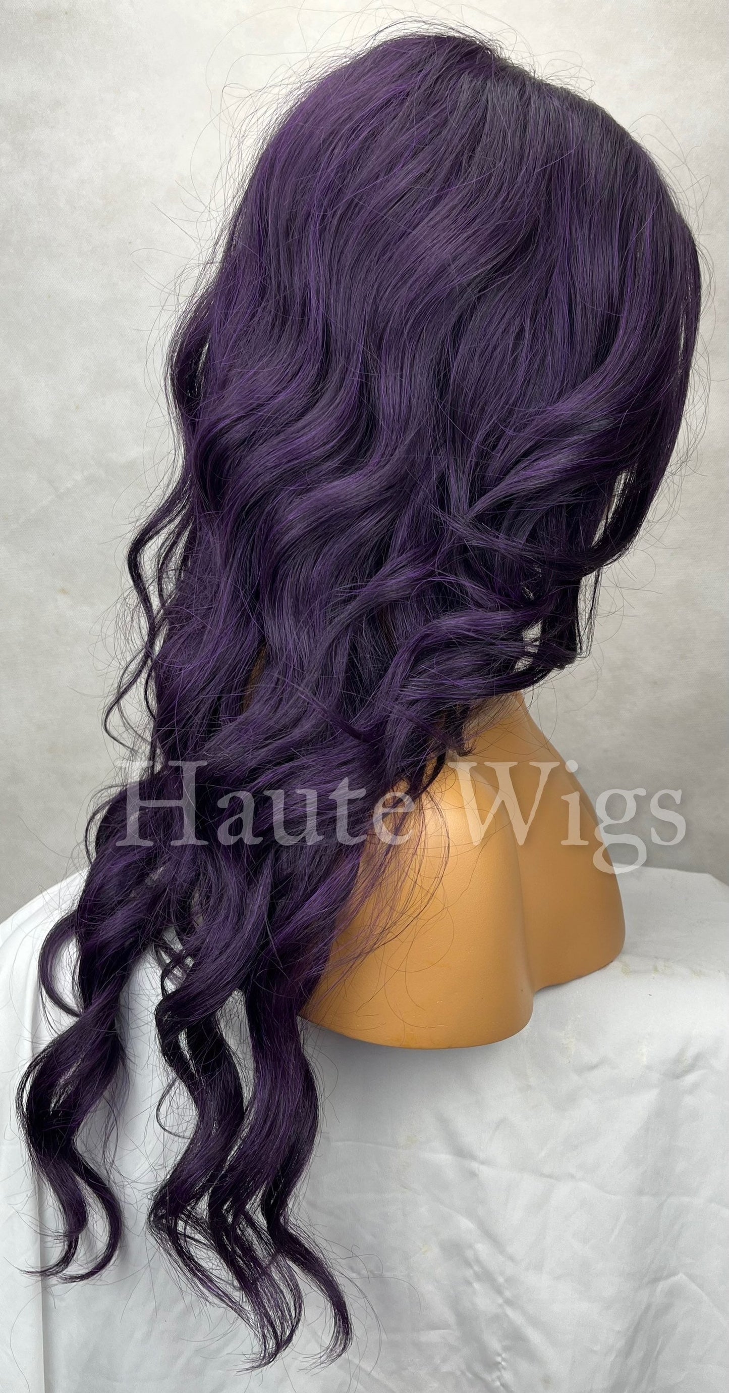 Distinctive - Dark Purple Deep Violet Wig Long Wavy T parting HD Lace Front Human Hair Blends Wig Gift for her Ladies Womens Wigs