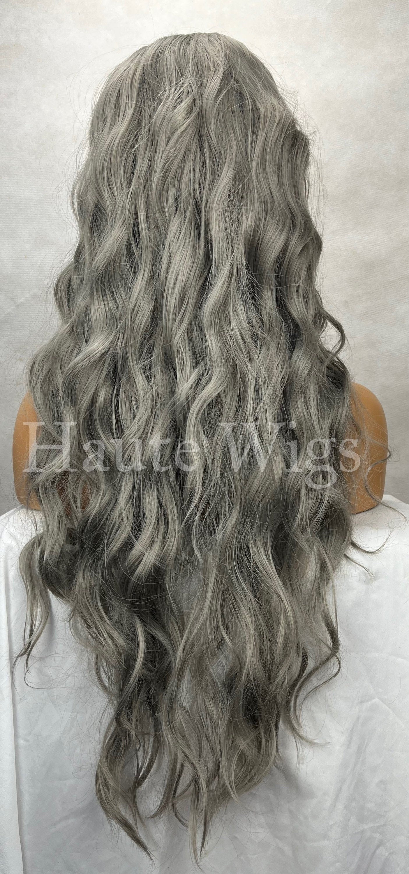 Ash Platinum Gray Wavy Wig: 24 Inch Lace-Free Women's Wig