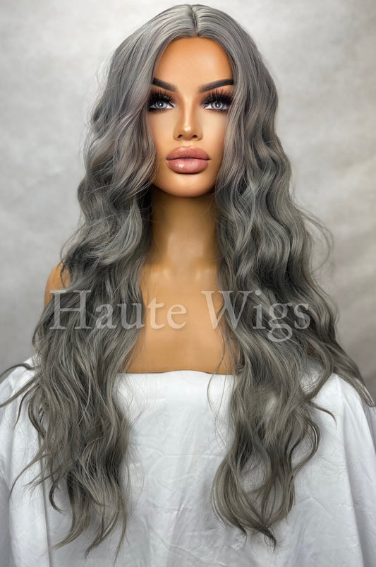 Ash Platinum Gray Wavy Wig: 24 Inch Lace-Free Women's Wig