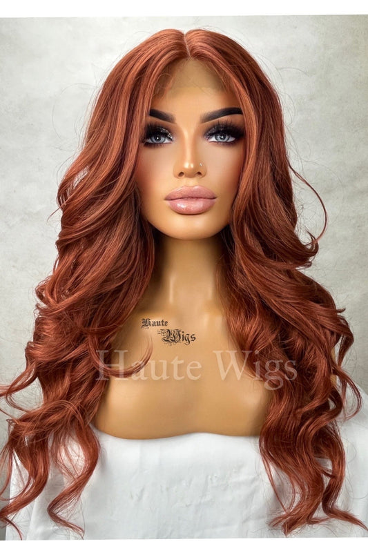 Auburn Lace Front Wig: Copper Ginger Brown Wavy Human Hair Blend