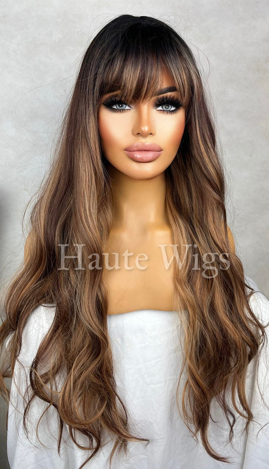 30 Inch Brown Wig with Bangs: Brunette Highlights, Wavy Synthetic Hair