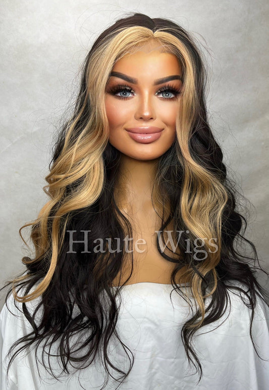 Golden girl 24 Inch Black Brown Wig: Golden Blonde Money Piece highlights, Wavy Lace Front vegan hair