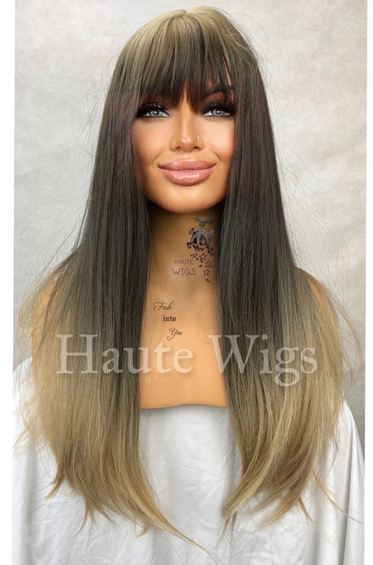 Blonde to Black Wig with Bangs: Long Straight Synthetic Hair