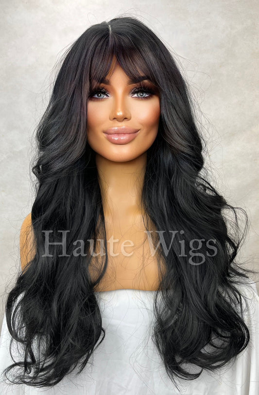 Long Wavy Jet Black Wig: 24 Inch Synthetic Hair