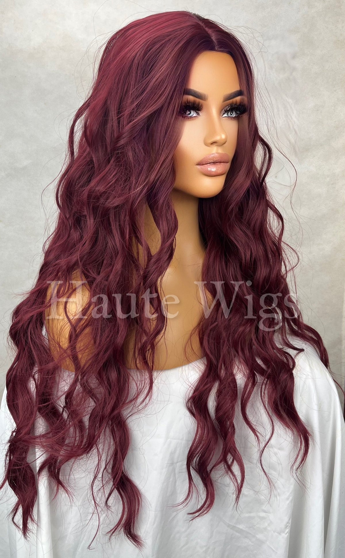 Maroon Red Wavy Wig: 26 Inch Long, Center Part