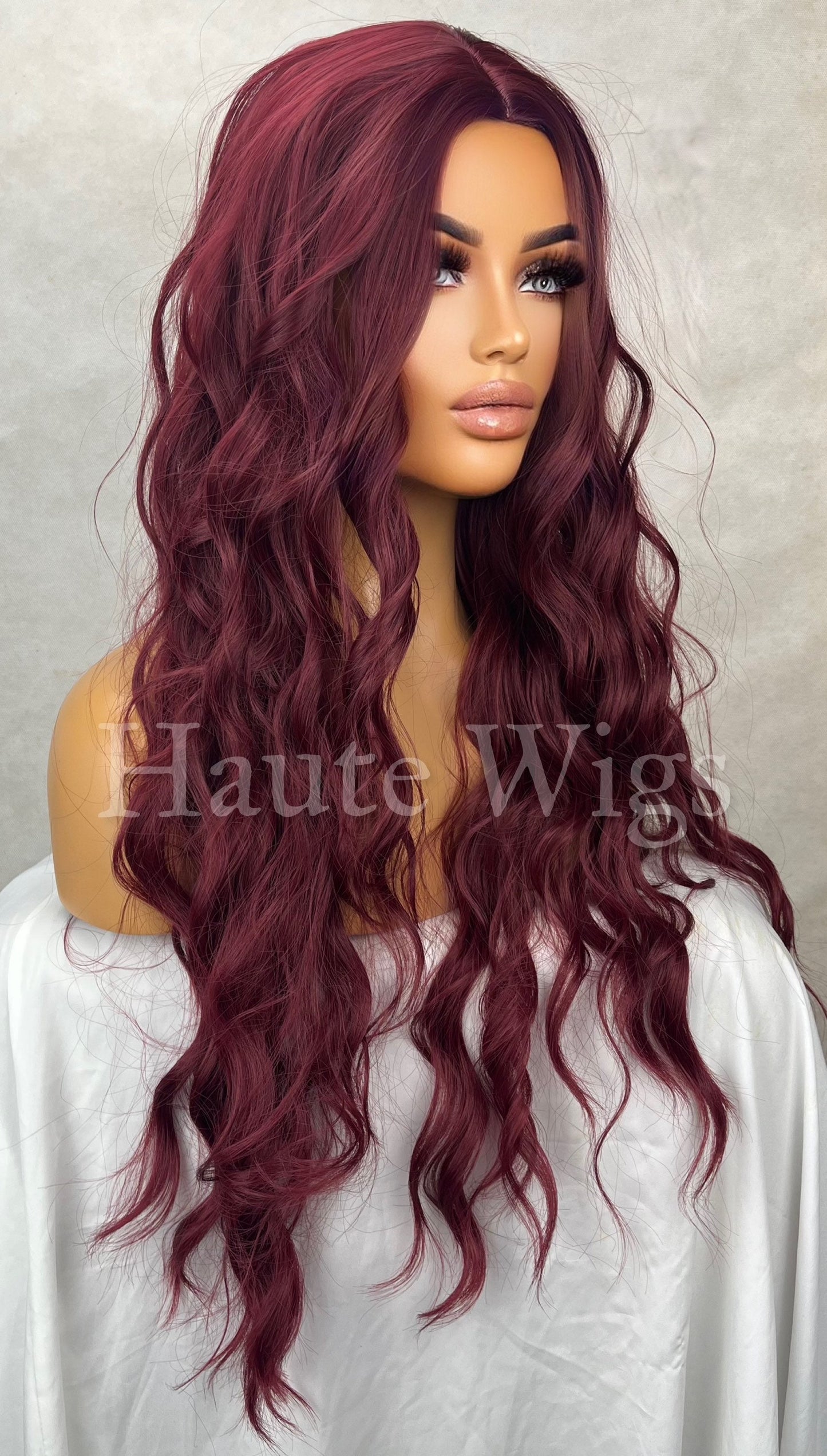 Maroon Red Wavy Wig: 26 Inch Long, Center Part