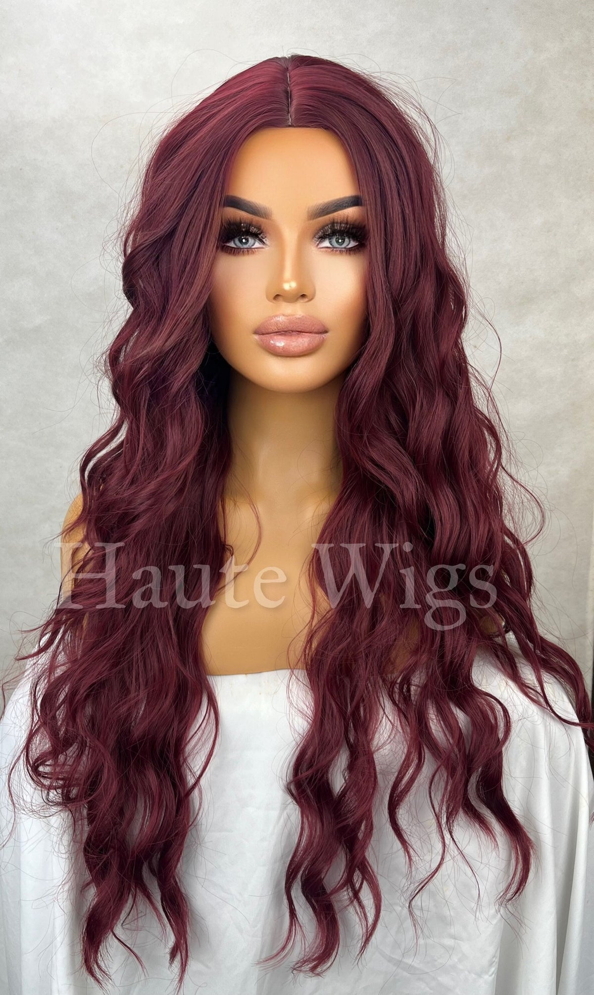 Maroon Red Wavy Wig: 26 Inch Long, Center Part