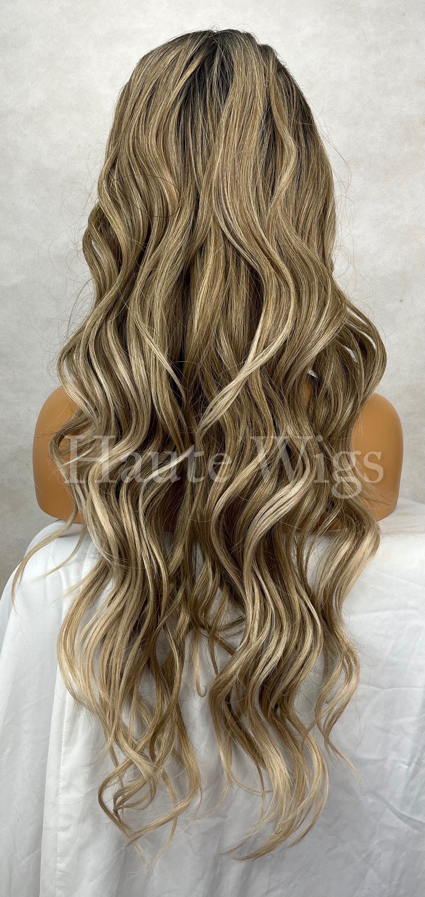 FREE PART Ash Blonde Wig: 28 Inch Wavy Lace Front Wig with Silver Highlights