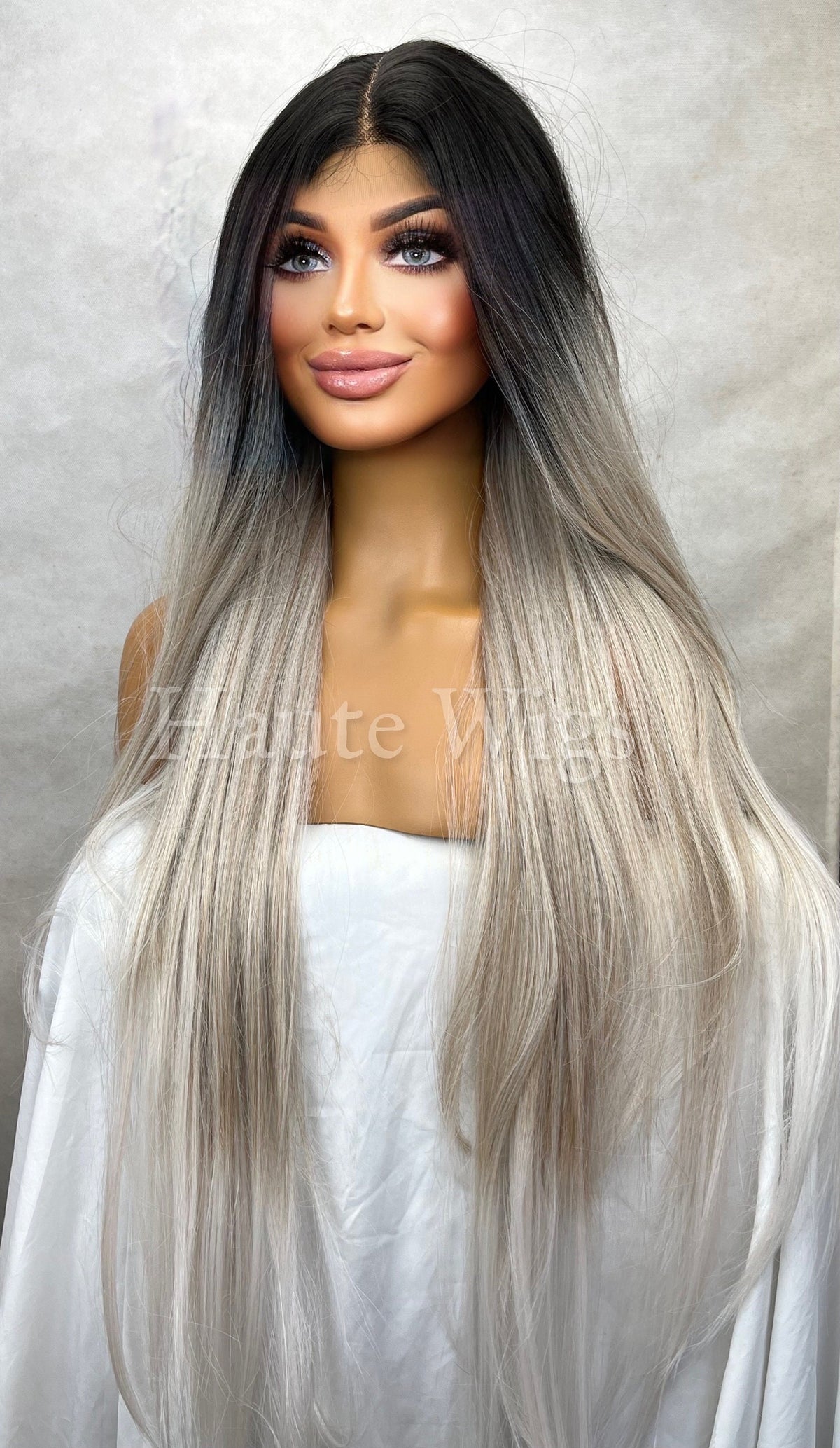 40" Lace Front Wig: Platinum Silver Blonde Ombre Human Hair Blend