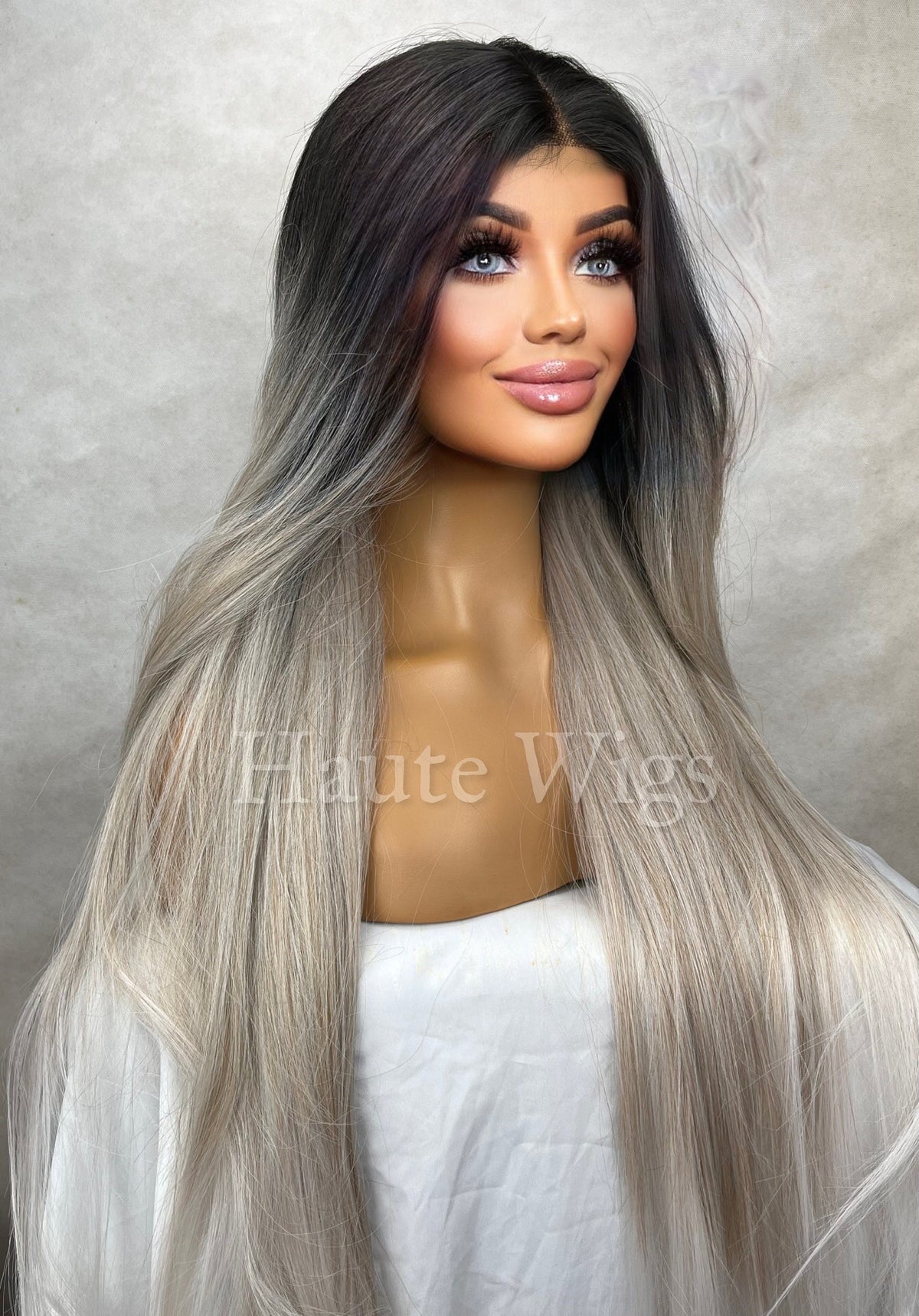 40" Lace Front Wig: Platinum Silver Blonde Ombre Human Hair Blend