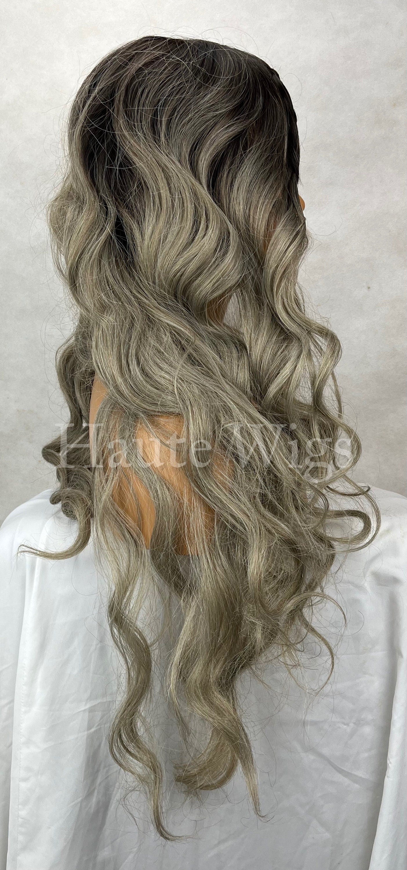 Ash Platinum Silver Blonde Ombré Wig: 24 Inch Wavy Hair