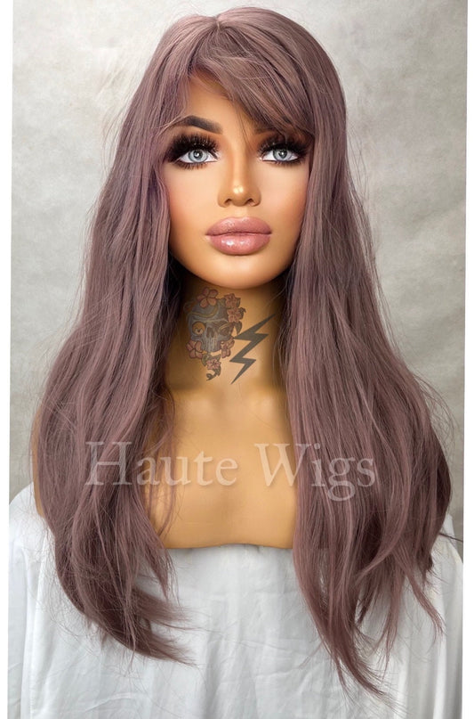 Rose Gold Lilac Ombre Wig: 26" Straight Synthetic Hair with Fringe Bangs