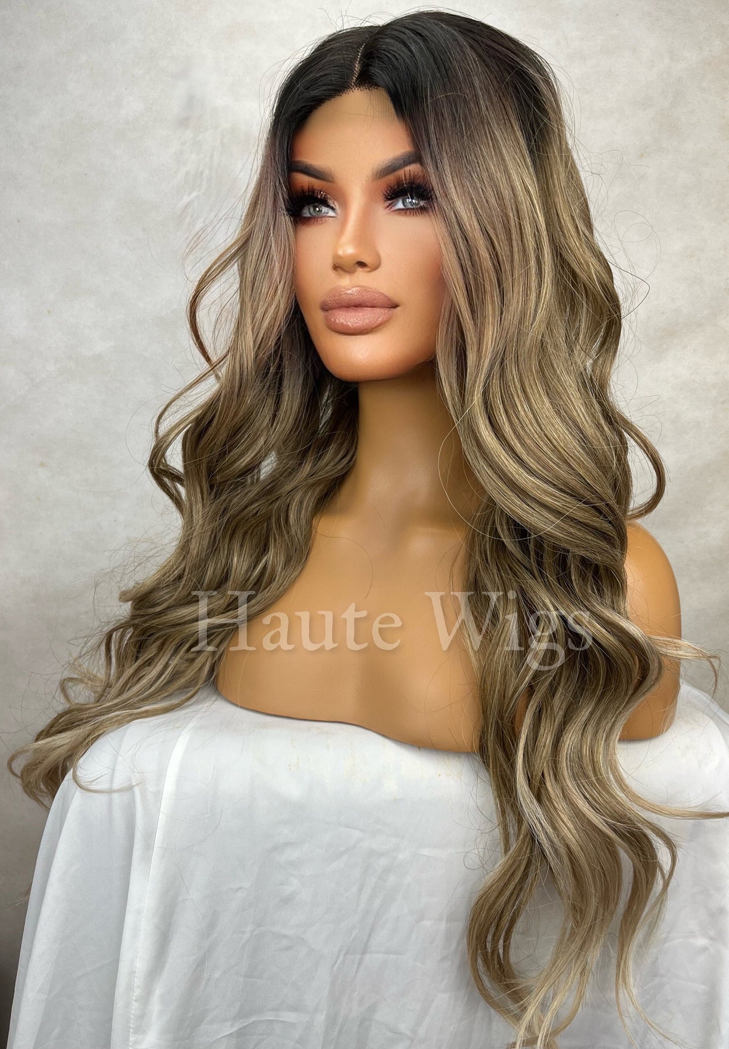 Ash Blonde Wig: 28 Inch Wavy Lace Front Wig with Silver Highlights
