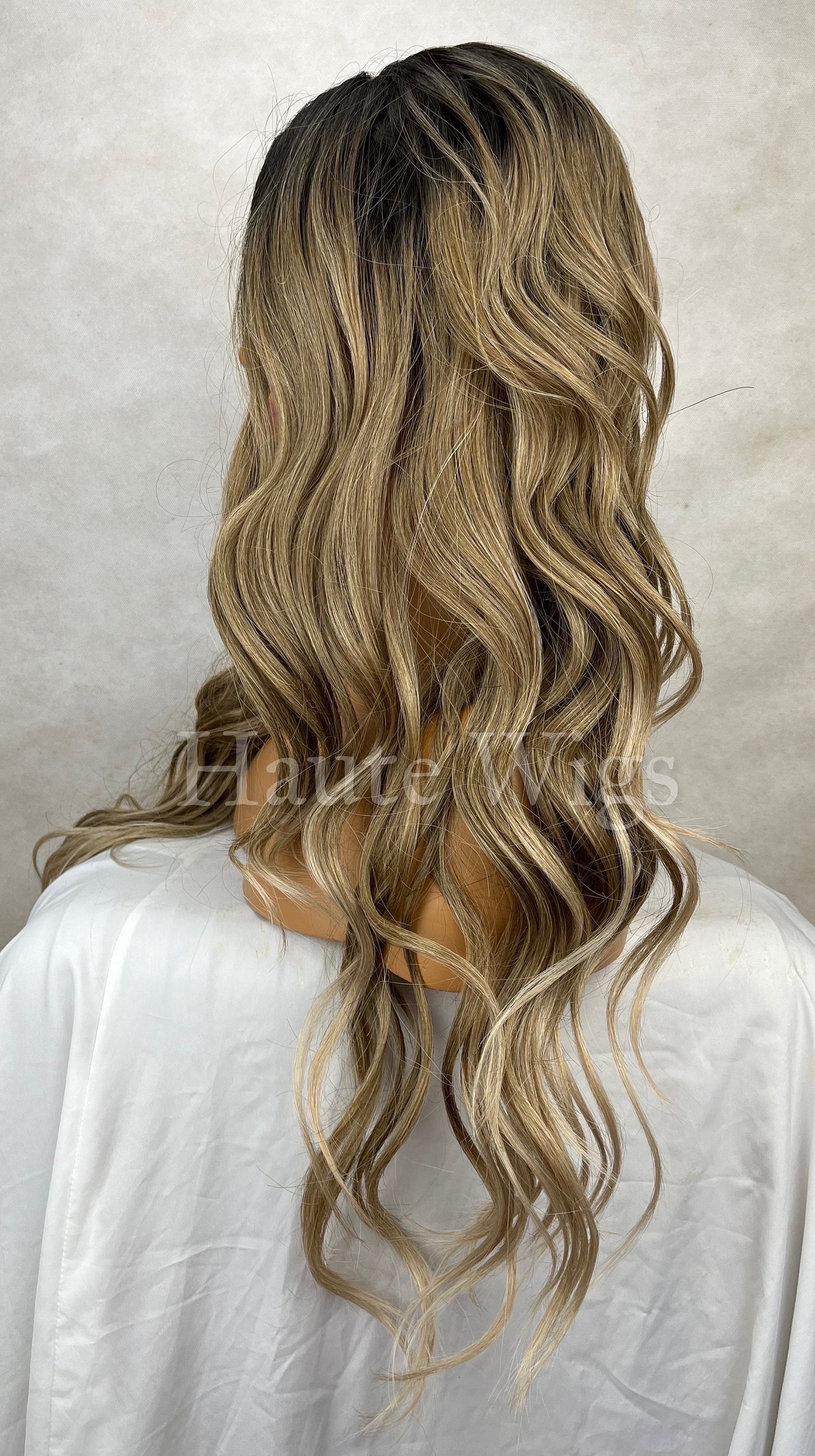 Ash Blonde Wig: 28 Inch Wavy Lace Front Wig with Silver Highlights