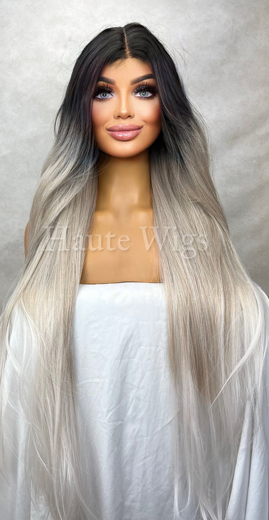 40" Lace Front Wig: Platinum Silver Blonde Ombre Human Hair Blend