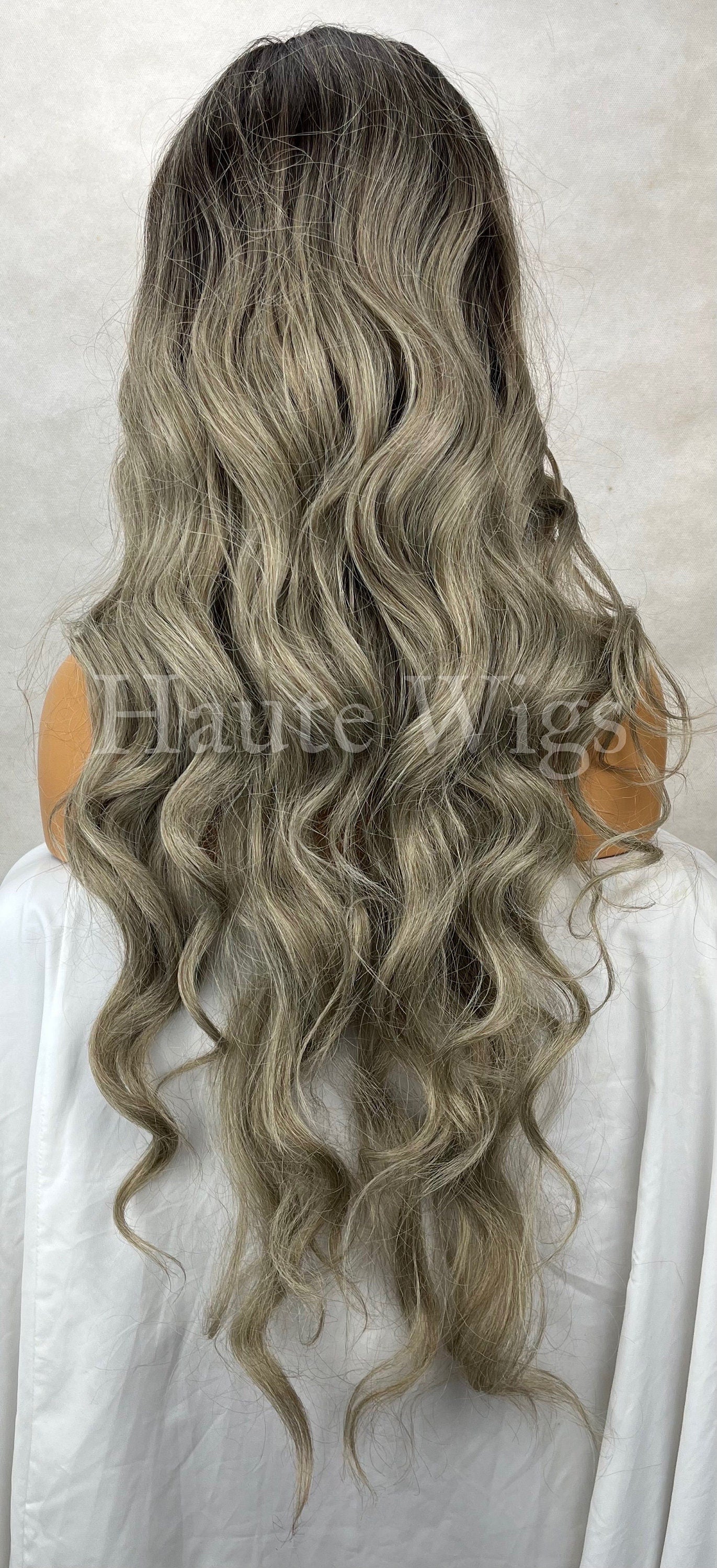 Ash Platinum Silver Blonde Ombré Wig: 24 Inch Wavy Hair