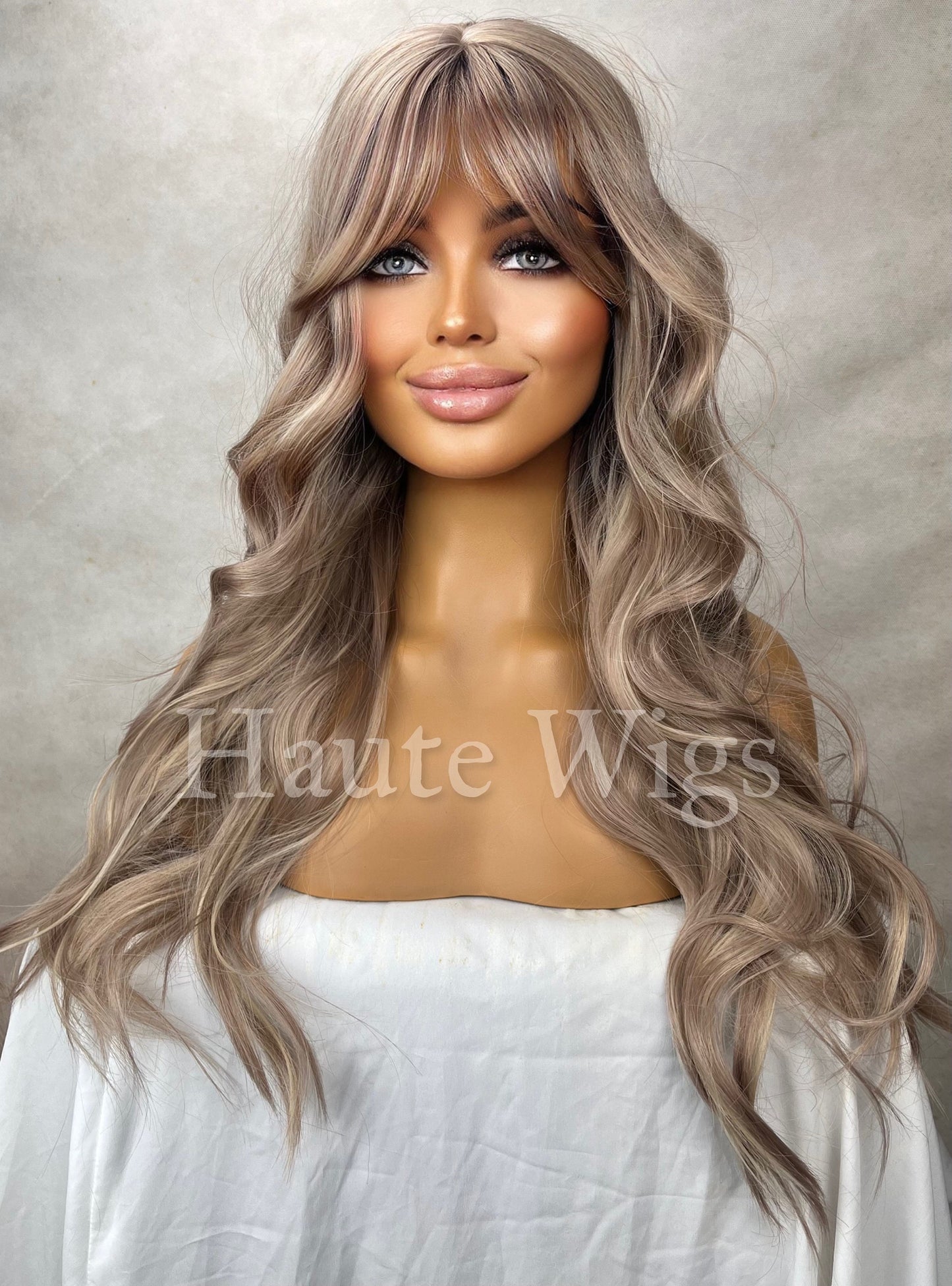 Long Ash Blonde Wig: Wavy Synthetic Wig with Bangs, 24 Inch