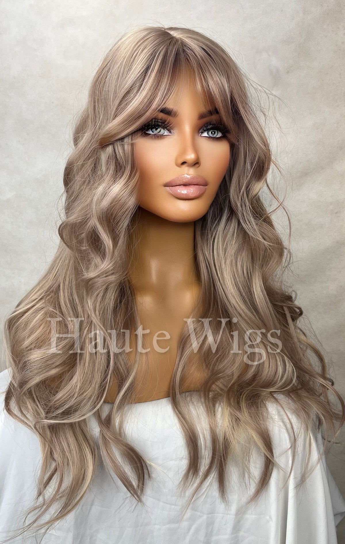 Long Ash Blonde Wig: Wavy Synthetic Wig with Bangs, 24 Inch