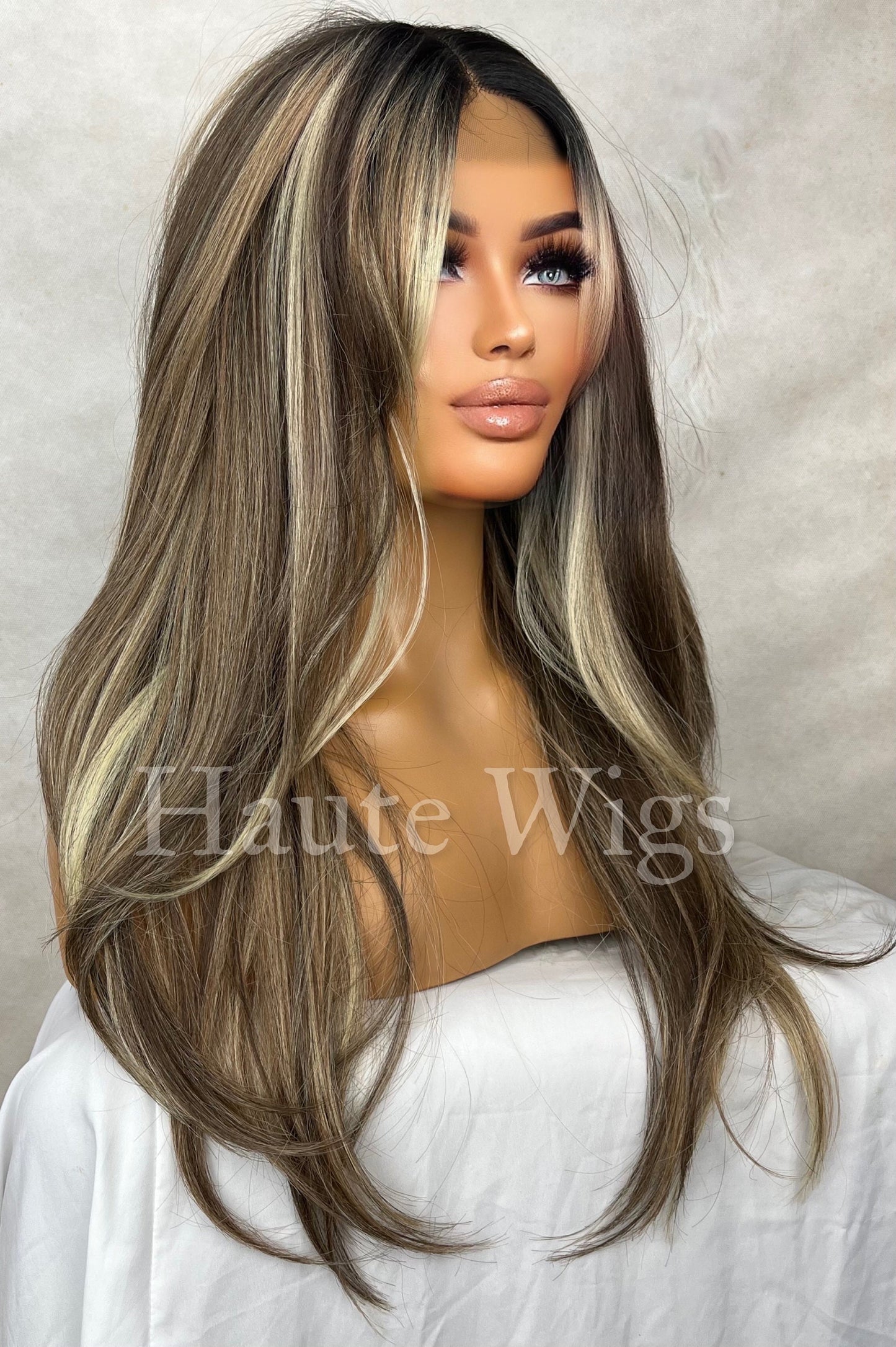 FREE part Lace Brunette Wig with Ash Blonde Highlights: Lace Front Human Hair Blend