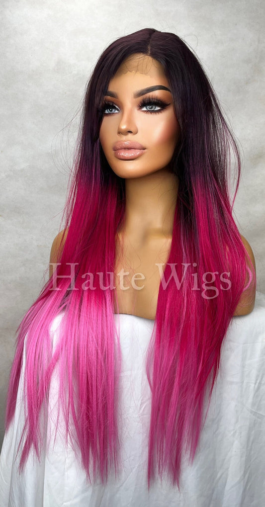 20 Inch Ombre Fuchsia Pink Wig: Human Hair Blend Lace Front