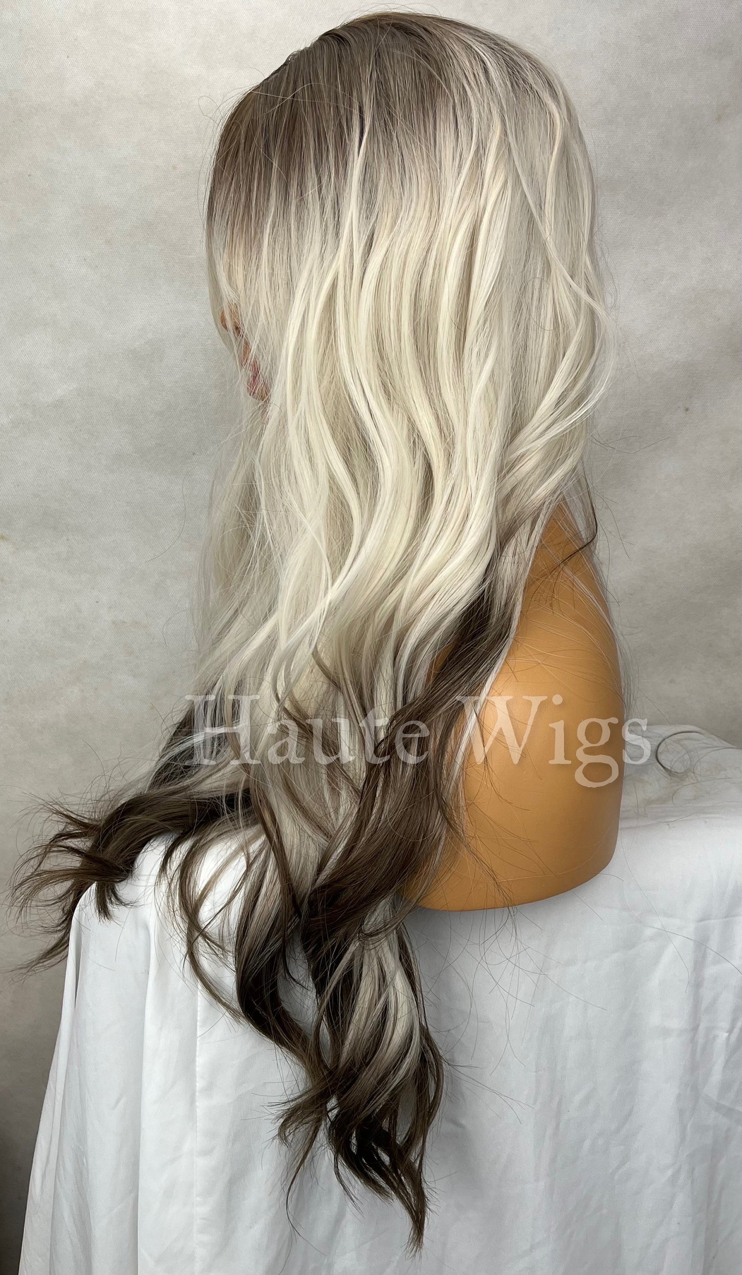 26" Ombré Wig: Ash Blonde to Brown, Layered Wavy Wig with Bangs