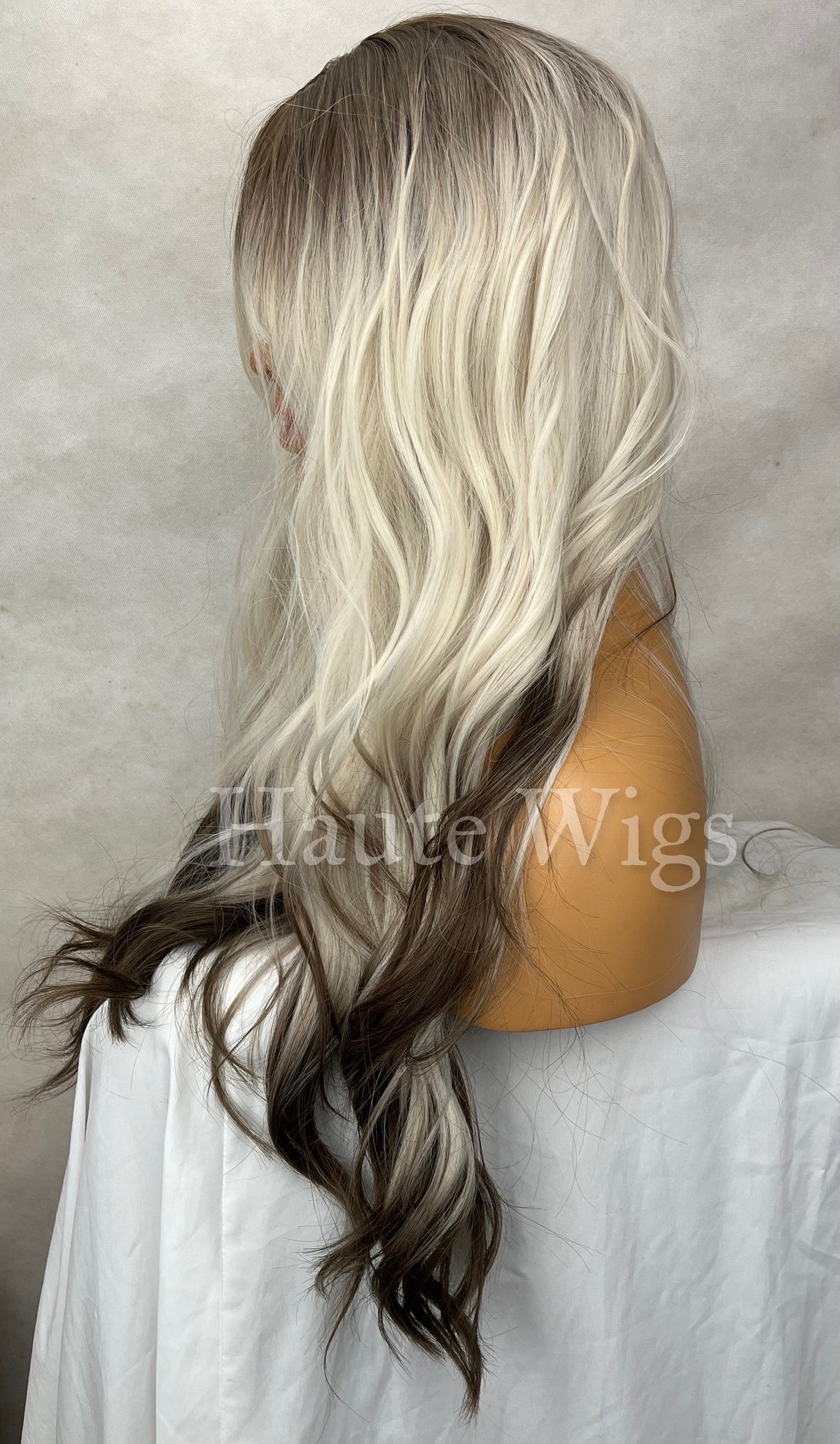 26" Ombré Wig: Ash Blonde to Brown, Layered Wavy Wig with Bangs