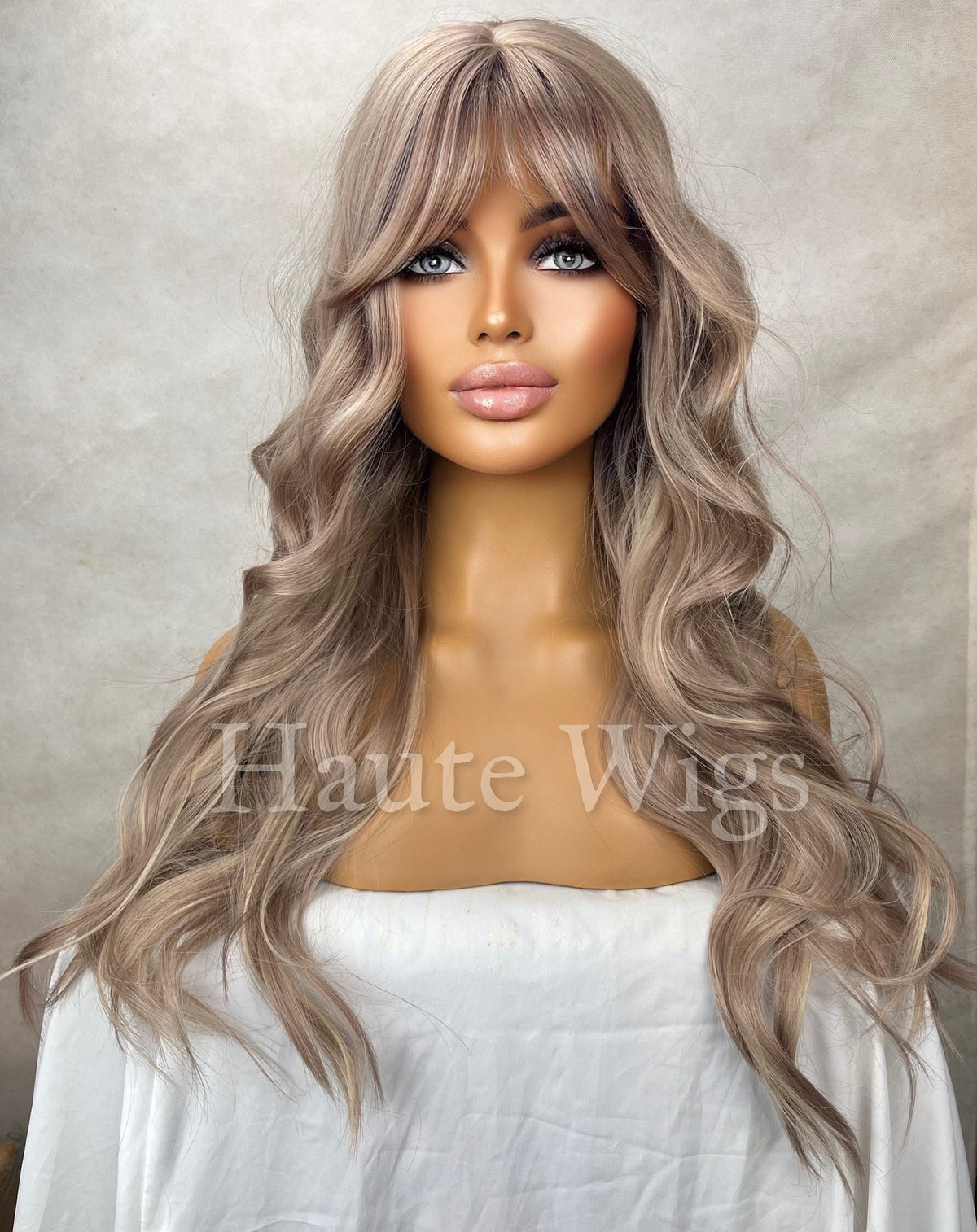 Long Ash Blonde Wig: Wavy Synthetic Wig with Bangs, 24 Inch
